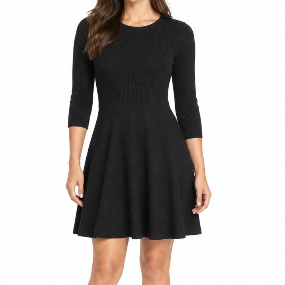 Ann Taylor Petite Merino Wool Sweater Dress Black 3/4 Sleeve Fit Flare MP